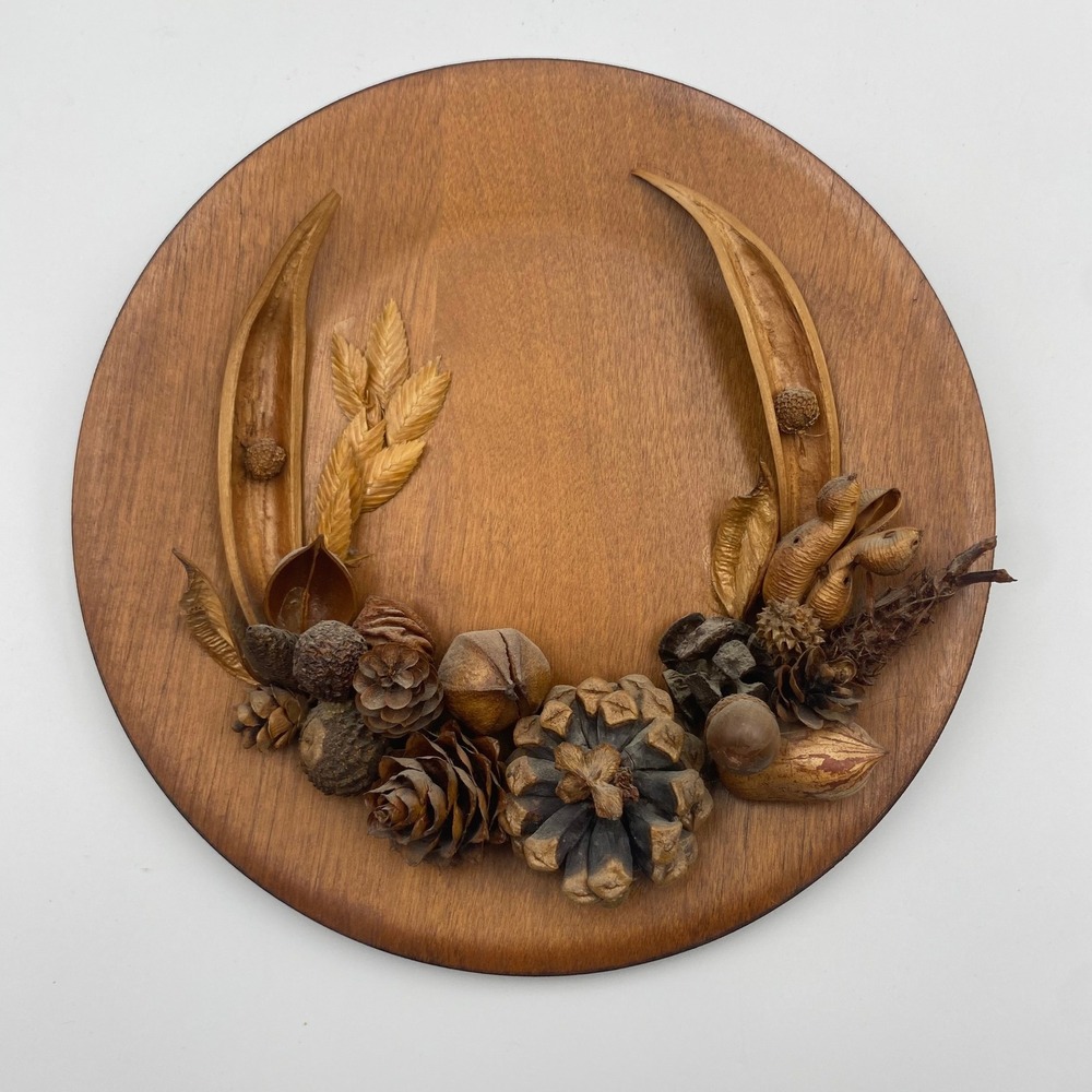 Vintage Handmade Wooden Wall Plaque Dried Botanical Pinecone Seed Pod Art 7.5 in